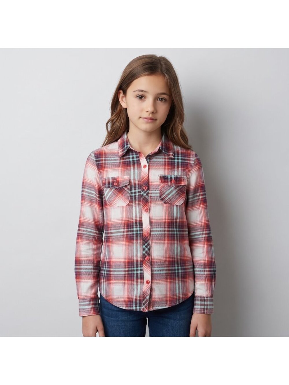 Passport Girl Girl's Plaid Flannel Button Up Shirt with Pockets in size Small